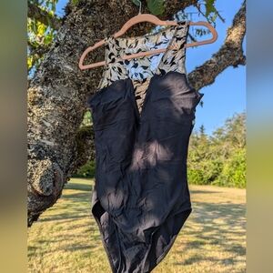 C'est Moi Dance Leotard, Black with Tan Mesh  with floral design.